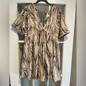 NWT Luminary Zebra Animal Print V Neck Dress Neutral Tan Beige Size Small S
